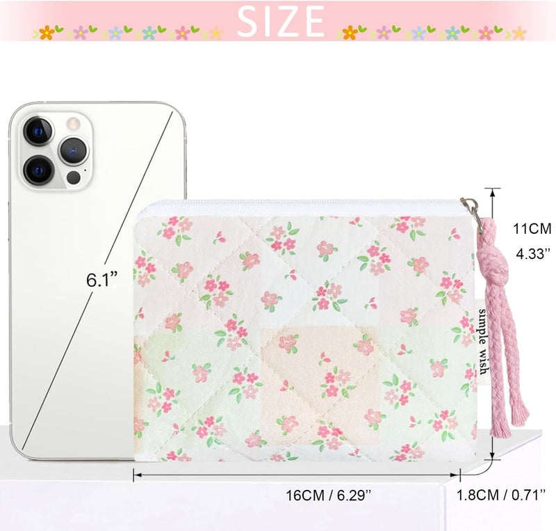 Modacarry Store Cotton Quilted Floral Coin Purse Digital Camera Pouch with Cute Prints Zipper for Women Girls (GREEN PINK PATCH) - Image 3